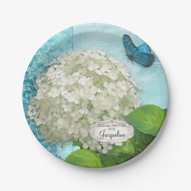 Bridal Shower Damask White Hydrangea Butterfly Art Paper Plate (Front)