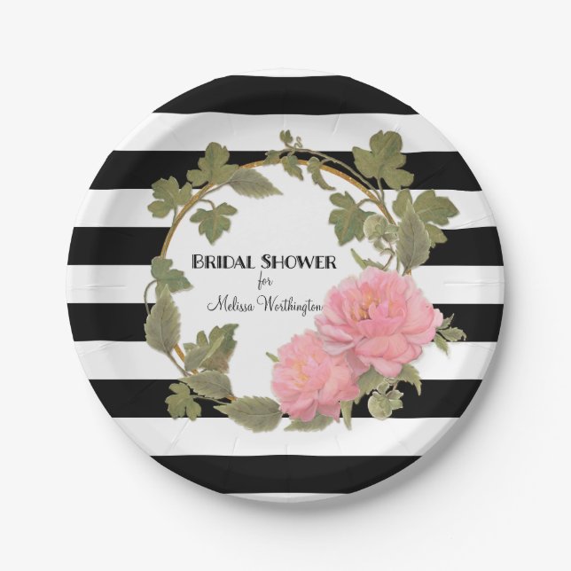 Bridal Shower Decor Black Striped Peony Wreath Paper Plate (Front)