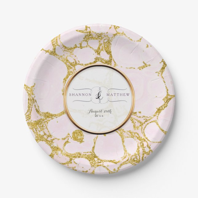Bridal Shower Decor Faux Rose Gold Marble Marbled Paper Plate (Front)