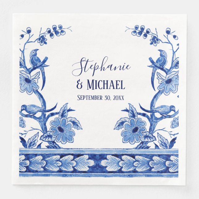 Bridal Shower Decor Indigo Blue Chinese Floral Art Napkin (Front)