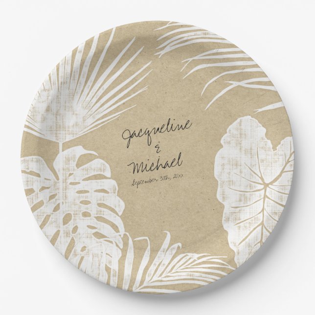 Bridal Shower Decor Modern Kraft Tropical Leaves Paper Plate (Front)
