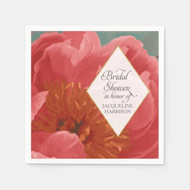 Bridal Shower Decor Red Peony Gold Faux Glitter Napkin (Front)
