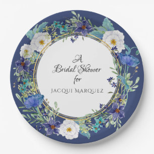 Bridal Shower Decor Watercolor Blue Poppy Floral Paper Plate