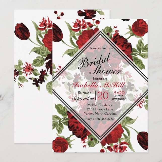 Bridal Shower - Deep Red Roses Invitation (Front/Back)