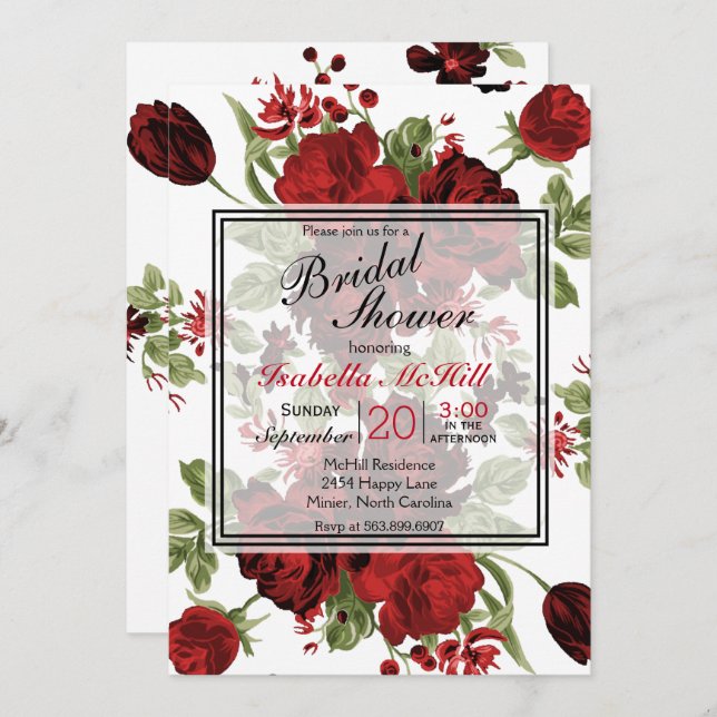 Bridal Shower - Deep Red Roses Invitation (Front/Back)