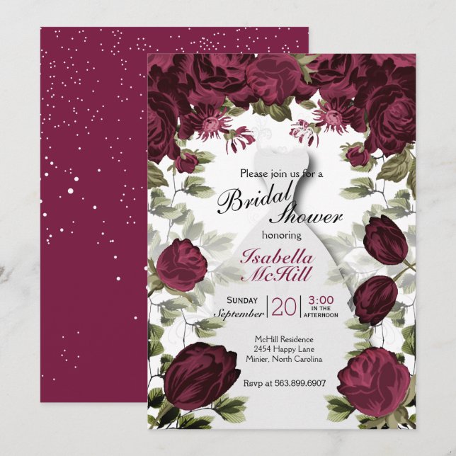 Bridal Shower - Deep Red WIne Botanical Flowers Invitation (Front/Back)