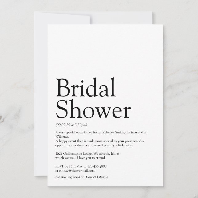 Bridal Shower Definition Black And White Invitation (Front)