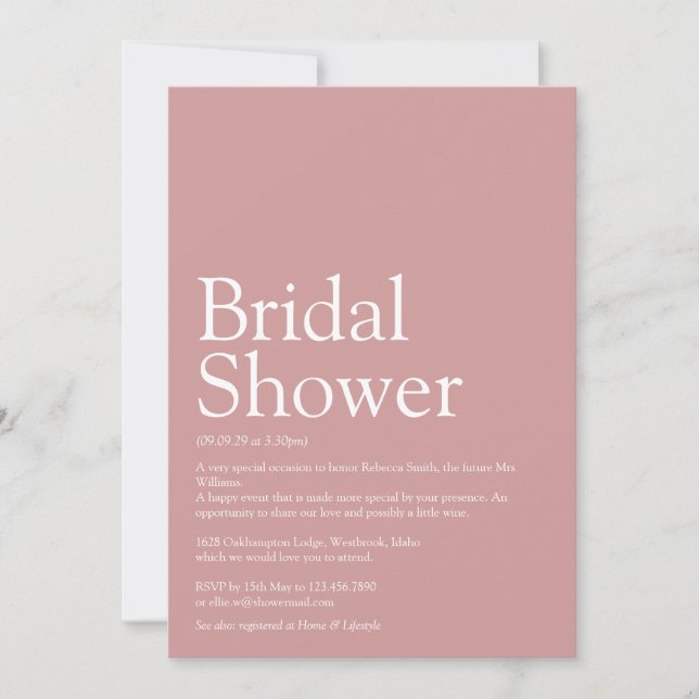 Bridal Shower Definition Dusty Rose Pink Invitation (Front)