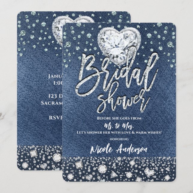 Bridal Shower Denim & Bling Diamonds Heart Invitation (Front/Back)