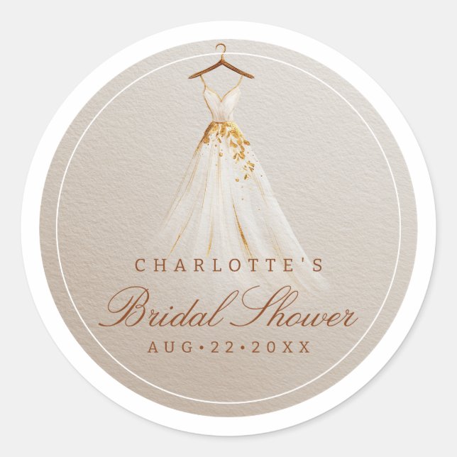 Bridal Shower Dress Favour Sticker in Taupe & Gold (Front)