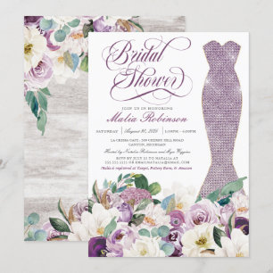 Bridal Shower Dress Glam Gown Botanical Lavender  Invitation