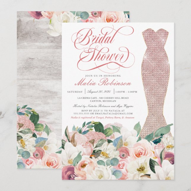 Bridal Shower Dress Glam Gown Floral Pink  Invitation (Front/Back)