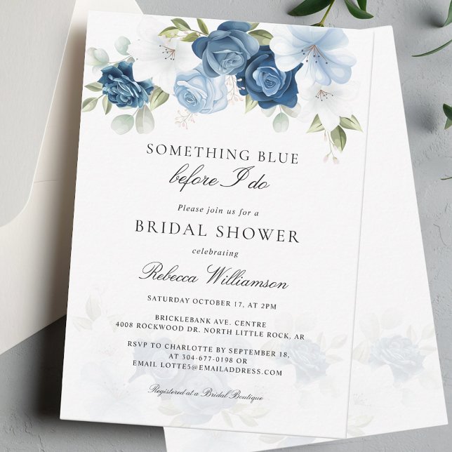 Bridal Shower Dusty Blue Bloom Elegant Invitation (Bridal Shower Script Dusty Blue Floral Invitation)