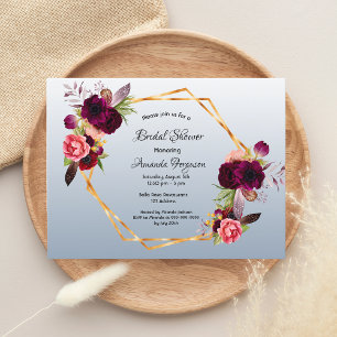 Bridal shower dusty blue burgundy invitation postcard