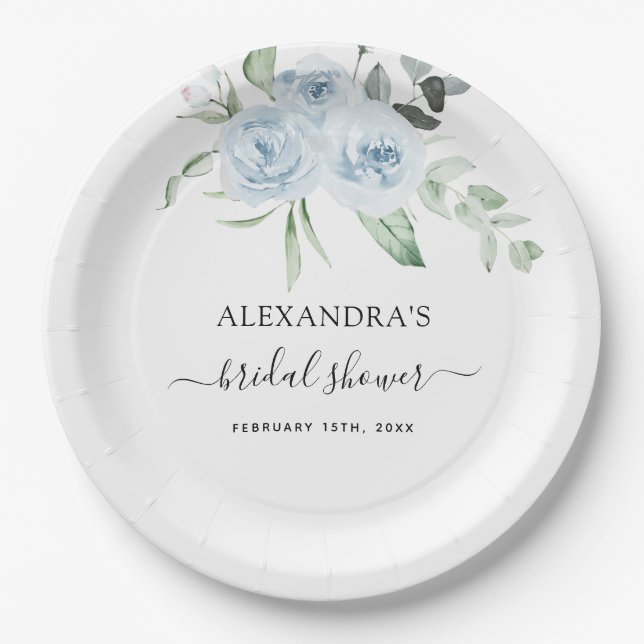 Bridal Shower Dusty Blue Eucalyptus Sage Green Paper Plate (Front)