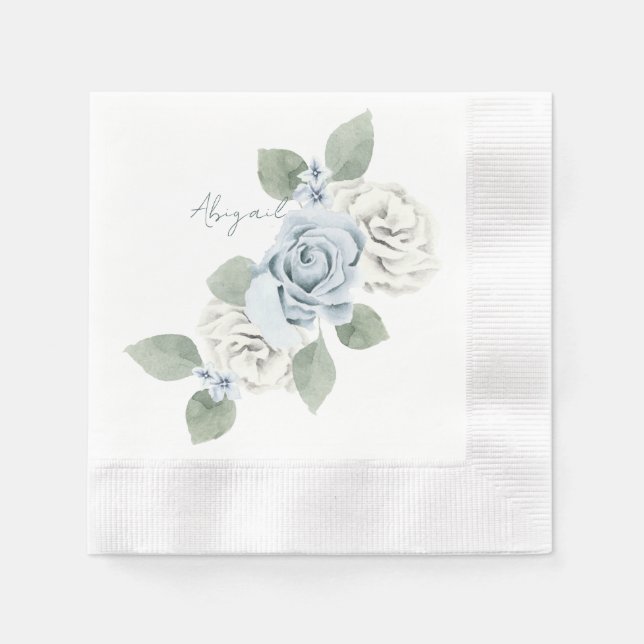 Bridal Shower Dusty Blue Floral Custom Coined Napkin (Front)