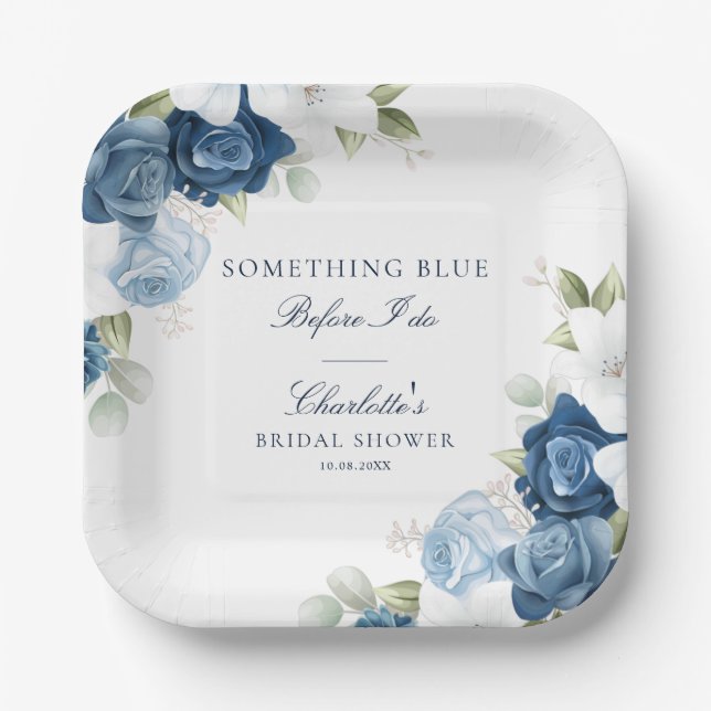 Bridal Shower Dusty Blue Floral Paper Plate (Front)
