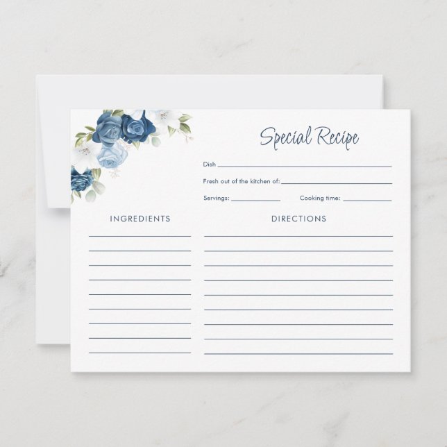 Bridal Shower Dusty Blue Floral Recipe Card (Front)