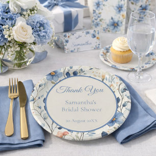 Bridal Shower Dusty Blue Floral Watercolor Paper Plate
