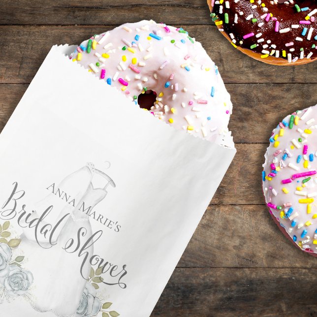 Bridal Shower Dusty Blue Floral Wedding Dress Favour Bags (Classic wedding bridal shower favor bag with stylish calligraphy script. )