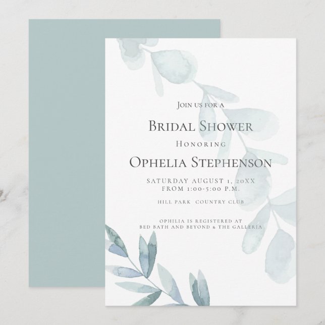 BRIDAL SHOWER | Dusty Blue Watercolor Eucalyptus Invitation (Front/Back)