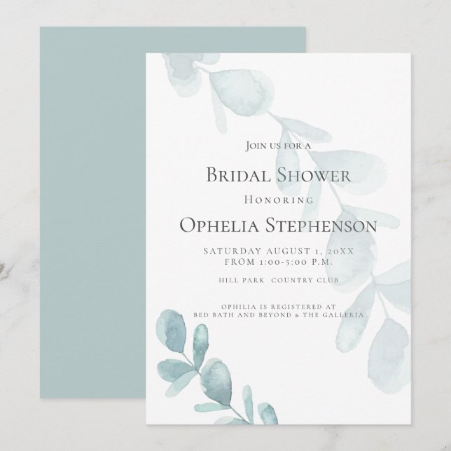 BRIDAL SHOWER | Dusty Blue Watercolor Eucalyptus Invitation (Front/Back)