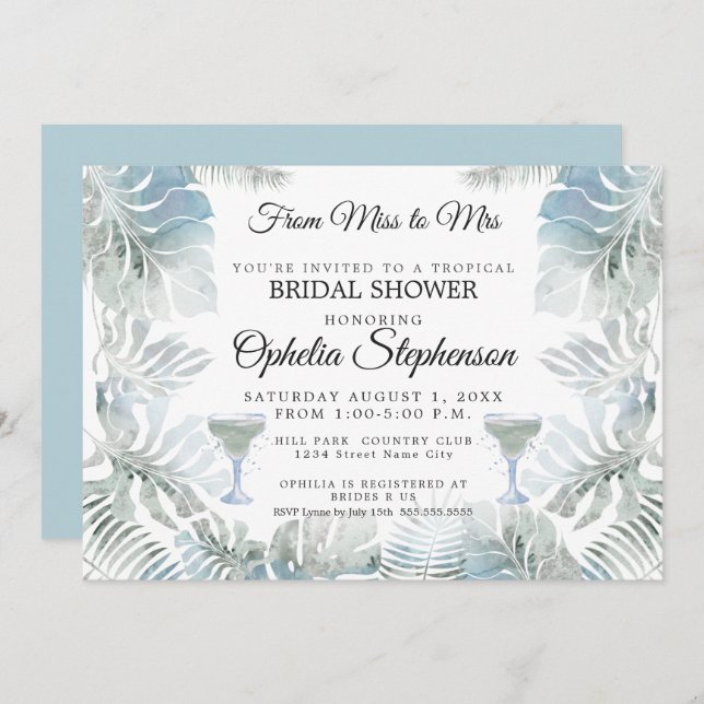 Bridal Shower Dusty Blue Watercolor Tropical Leafy Invitation (Front/Back)