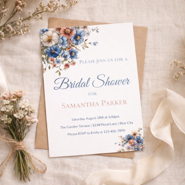 Bridal Shower Dusty Blue Wildflower Garden Invitation (Creator Uploaded)