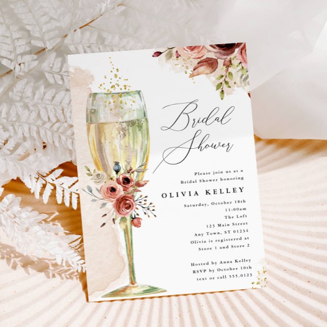 Bridal Shower Earthy Floral Champagne Glass Invitation (Creator Uploaded)