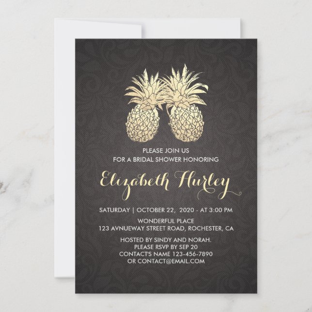 Bridal Shower Elegant Black Gold Pineapple Couple Invitation (Front)