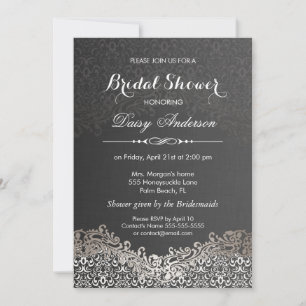 Bridal Shower - Elegant Black Silver Damask Invitation
