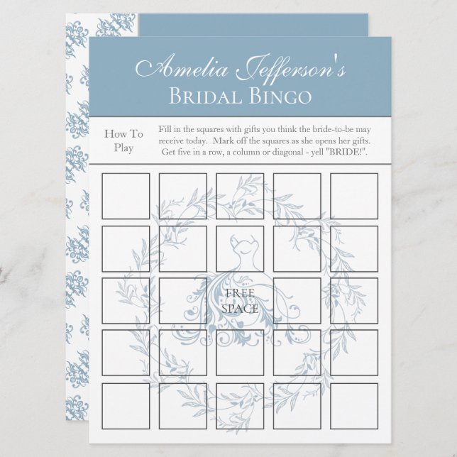 Bridal Shower - Elegant Blue Bingo Game Card (Front/Back)