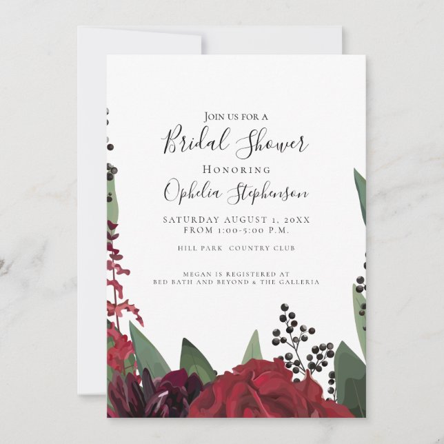Bridal Shower | Elegant Burgundy Marsala Floral Announcement (Front)
