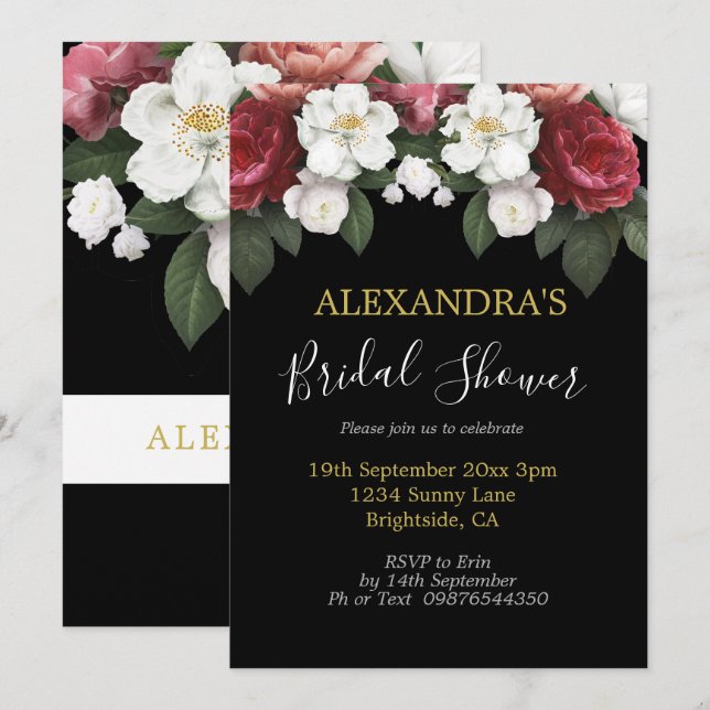 Bridal Shower Elegant Burgundy Roses Black Chic  Invitation (Front/Back)