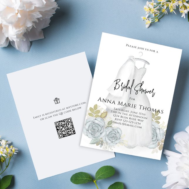Bridal Shower Elegant Calligraphy Script Dress Invitation (Elegant Bridal Shower invitation with beautiful blue floral roses and wedding gown)