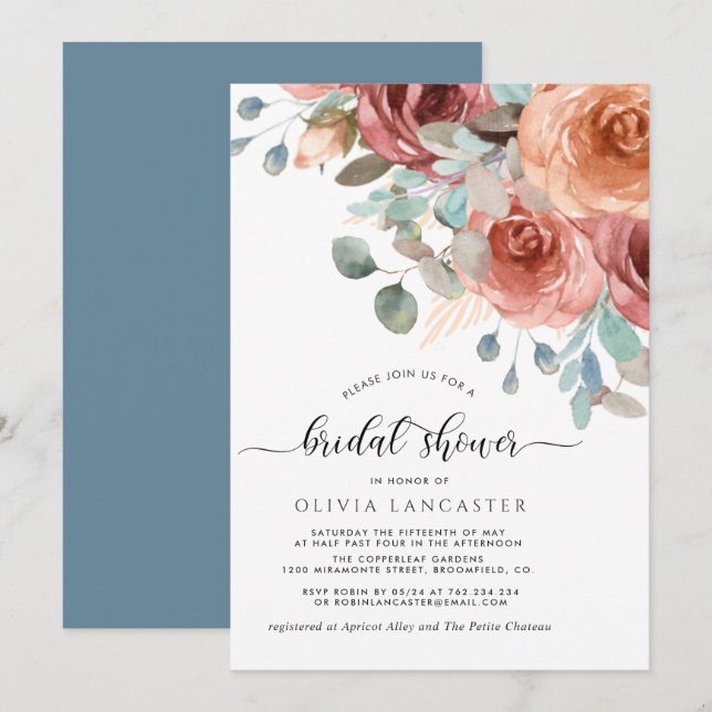 Bridal Shower, Elegant Dusty Blue and Blush Floral Invitation (Front/Back)