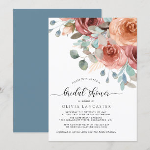 Bridal Shower, Elegant Dusty Blue and Blush Floral Invitation