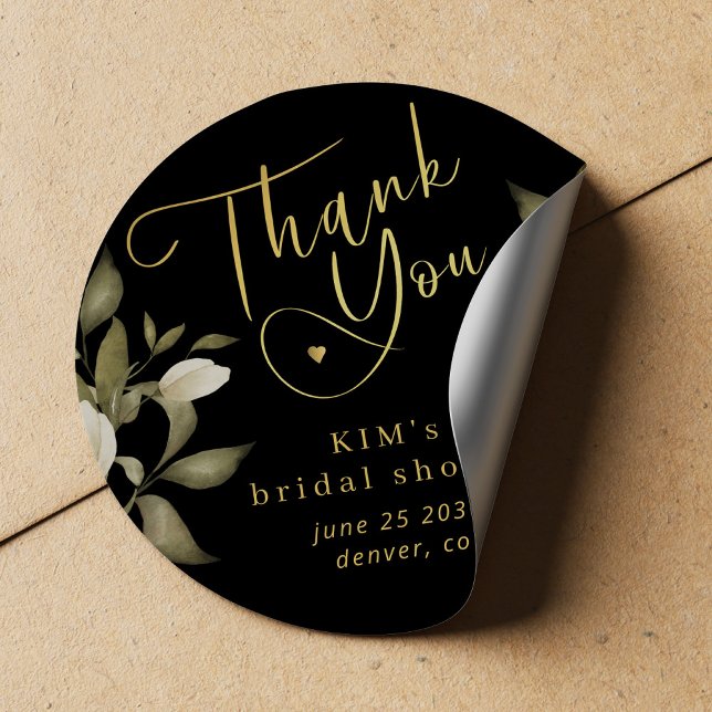 Bridal shower elegant gold black thank you classic round sticker (Creator Uploaded)