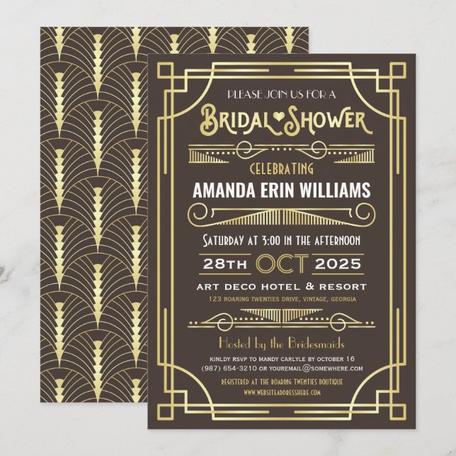 Bridal Shower Elegant Gold Chocolate Art Deco Invitation (Front/Back)