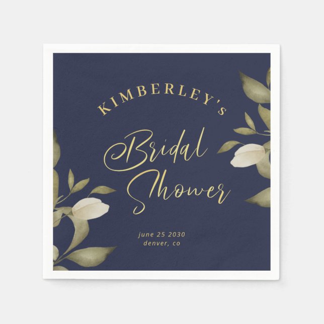 Bridal shower elegant gold dark navy floral napkin (Front)