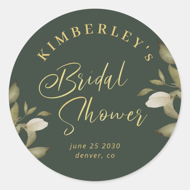 Bridal shower elegant gold emerald green classic round sticker (Front)