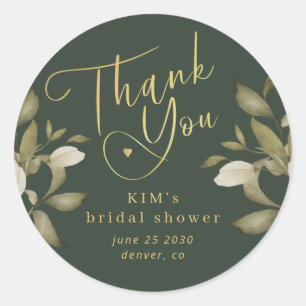 Bridal shower elegant gold emerald green thank you classic round sticker