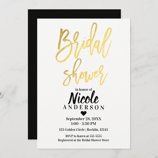 BRIDAL SHOWER Elegant Gold Foil Modern Script Invitation (Front/Back)