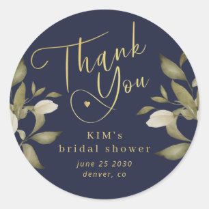 Bridal shower elegant gold navy thank you classic round sticker