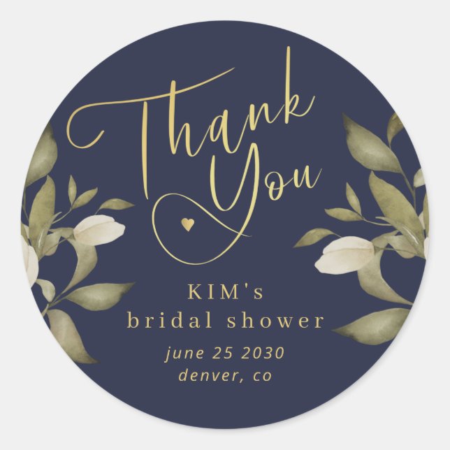 Bridal shower elegant gold navy thank you classic round sticker (Front)