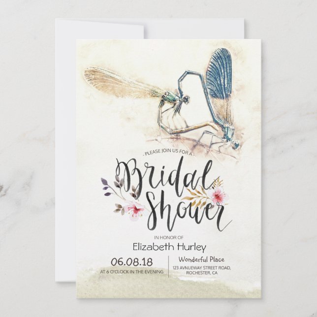 Bridal Shower Elegant Love Heart Dragonfly Mating Invitation (Front)