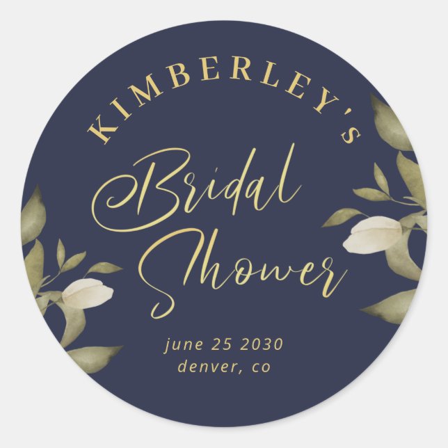 Bridal shower elegant navy gold classic round sticker (Front)