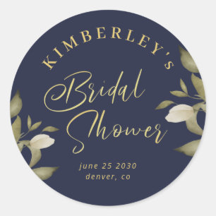 Bridal shower elegant navy gold classic round sticker