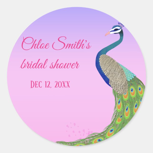 Bridal Shower Elegant Peacock theme Classic Round Sticker (Front)