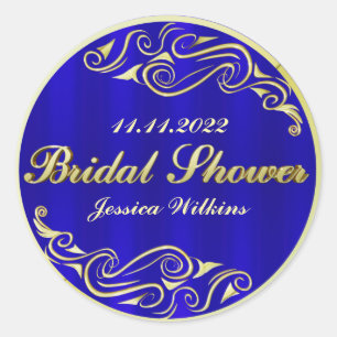 Bridal Shower Elegant Regal Golden Blue Wedding Classic Round Sticker